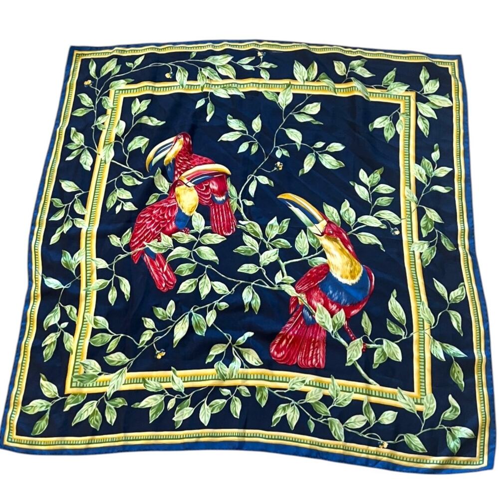 Vintage silk scarf Les Perroquets Parrots Pinto 35" Toucan Tropical Birds - Picture 2 of 6